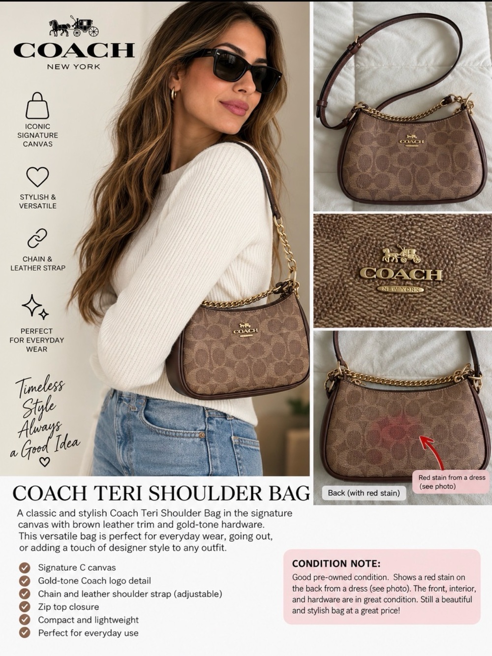 Coach Brown Signature Canvas Teri Shoulder Bag with Gold Hardware